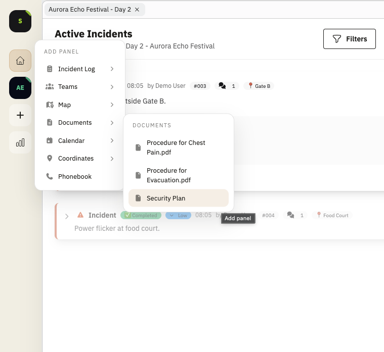 Embedded PDF document open in Shamira workspace next to live incident panels