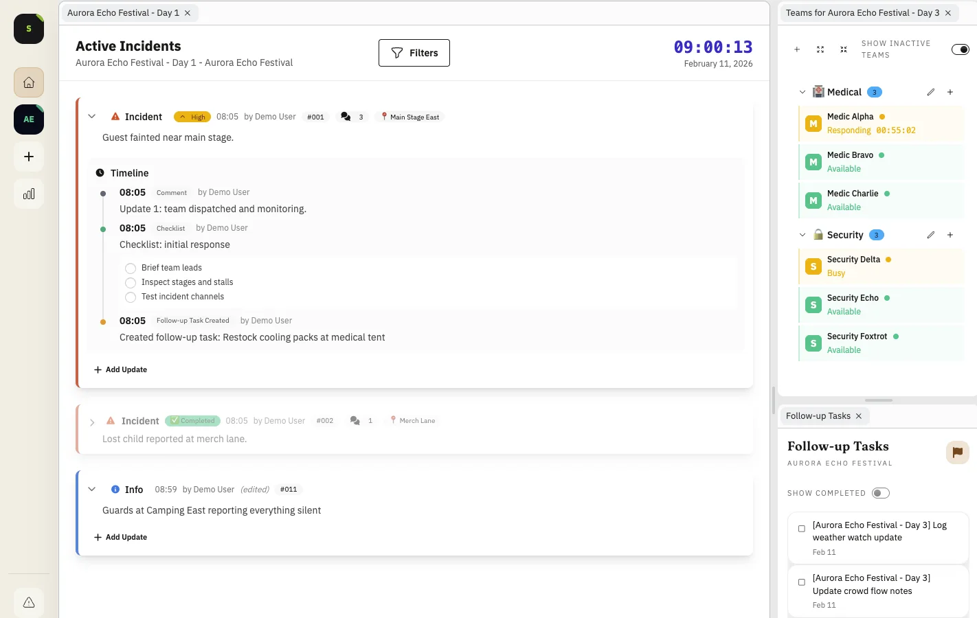 Shamira flexible panels workspace showing active incidents, team status, and follow-up tasks