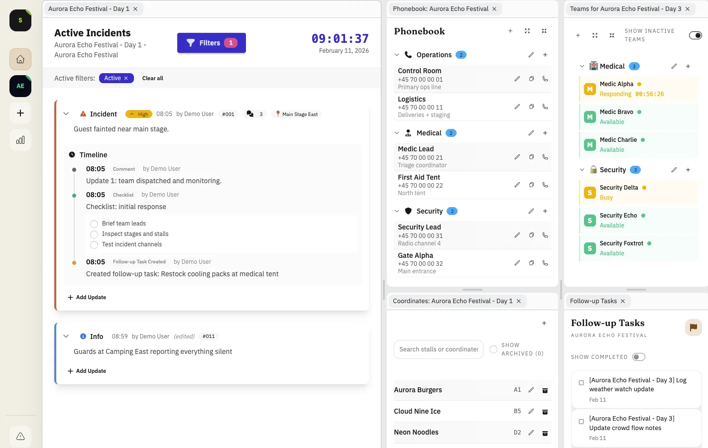 Incident workspace during surge mode with active filters and focused incident triage