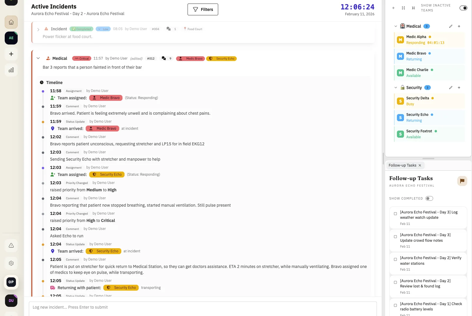 Shamira incident timeline showing a fictional incident with multiple updates and image evidence