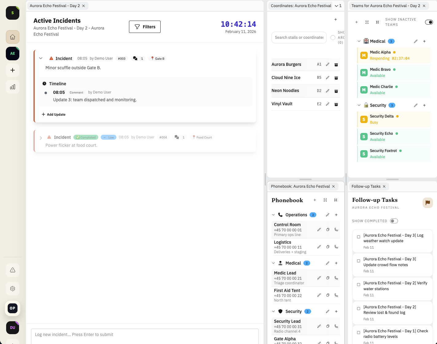Shamira side panels showing quick phonebook lookups and coordinate references