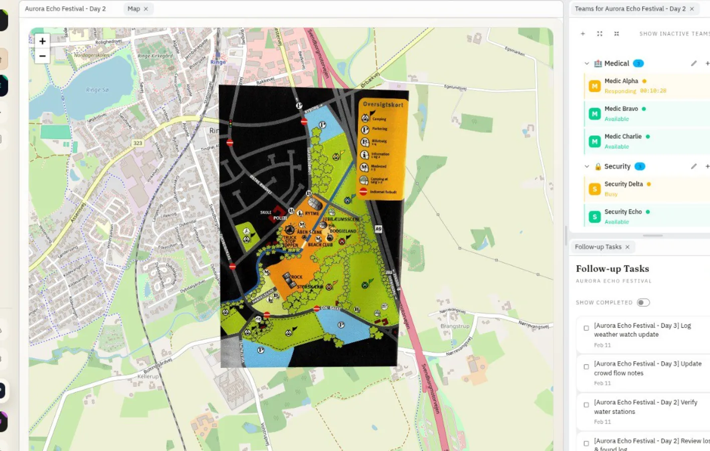 Venue site plan map with operational overlays and coordinate-based context for incident response